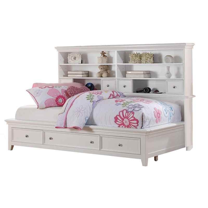 Pemberly Row Twin Bed with Bookcase Headboard and Storage in White