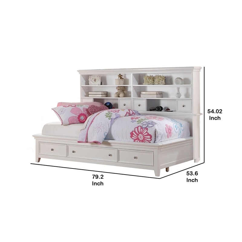 Pemberly Row Twin Bed with Bookcase Headboard and Storage in White