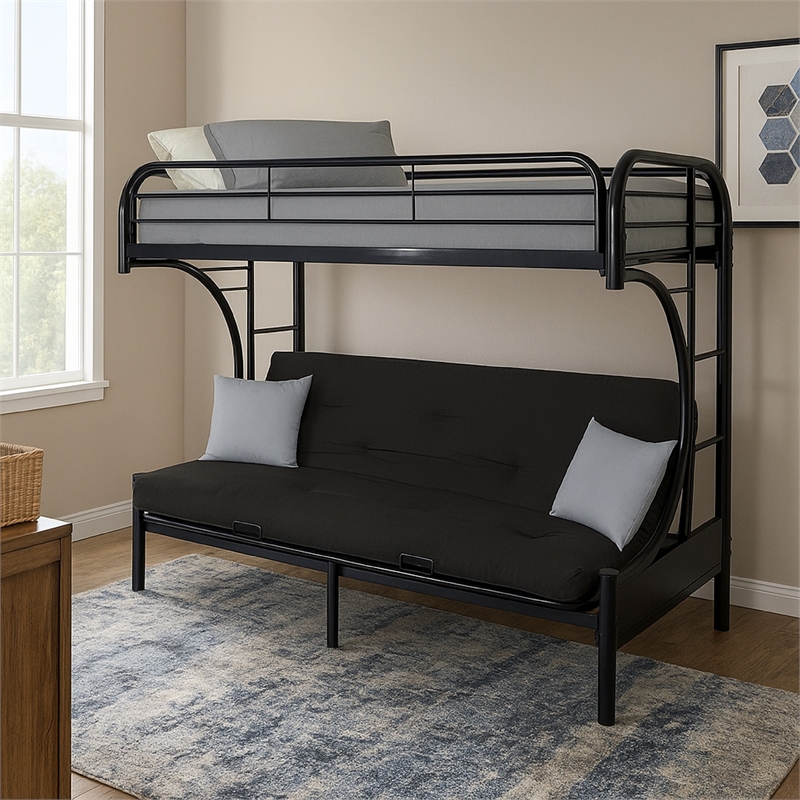 Pemberly Row Twin XL over Queen Futon Bunk Bed with Guardrails in Black