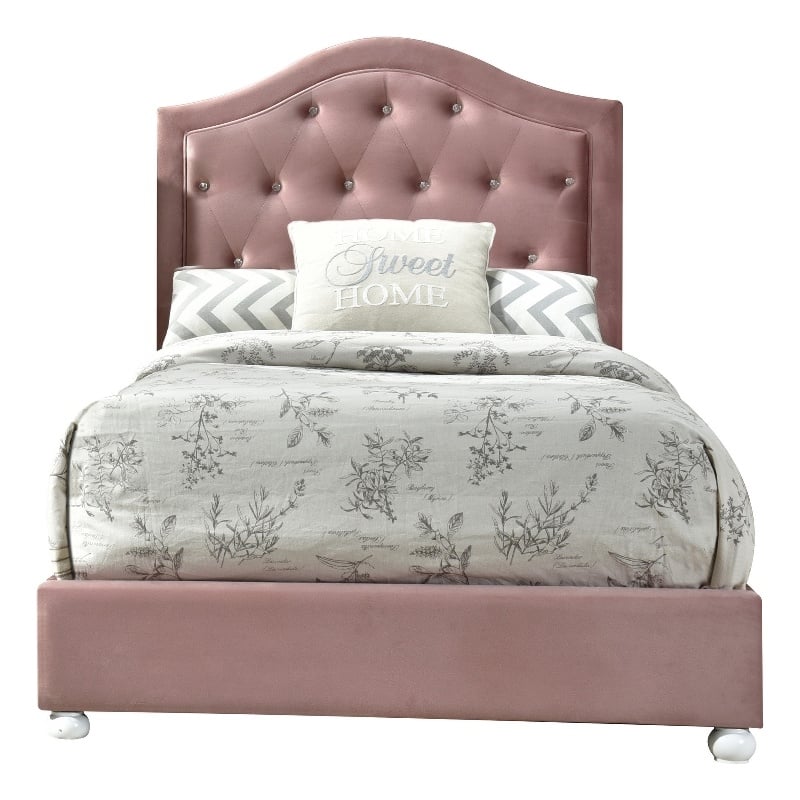 Pemberly Row Full Bed with Button Tufted Arched Headboard in Pink