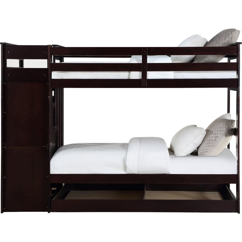 Pemberly Row Twin Bunk Bed with Trundle and 5 Drawer Ladder in Brown
