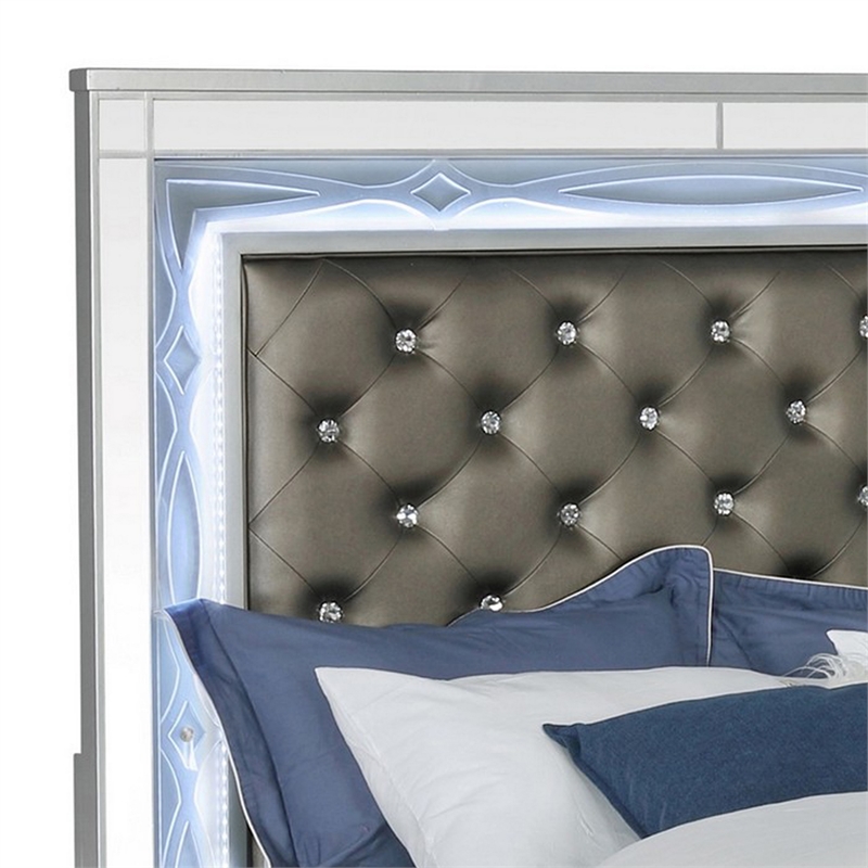 Pemberly Row California King Panel Bed with LED and Faux Leather in Silver
