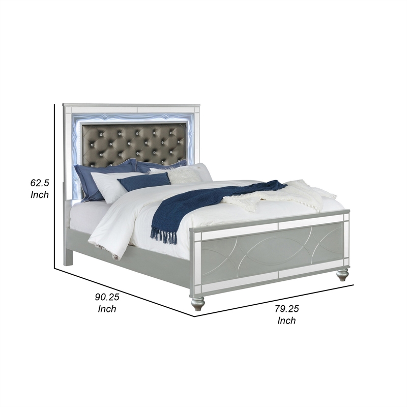 Pemberly Row California King Panel Bed with LED and Faux Leather in Silver