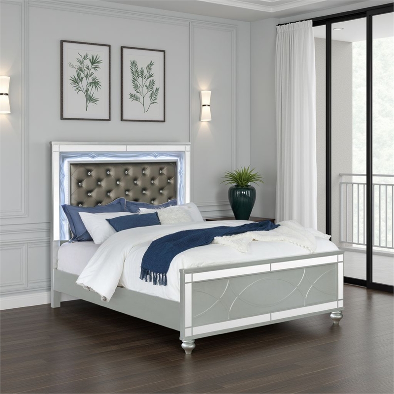 Pemberly Row California King Panel Bed with LED and Faux Leather in Silver