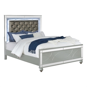 Pemberly Row California King Panel Bed with LED and Faux Leather in Silver