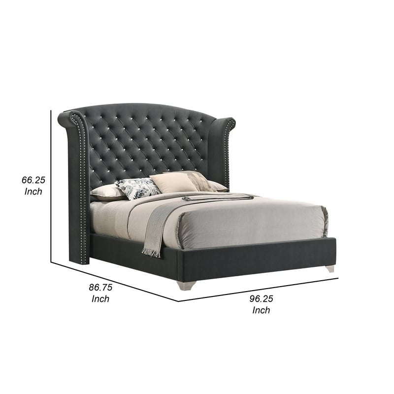 Pemberly Row Wingback King Bed with Tufted Headboard in Gray Velvet