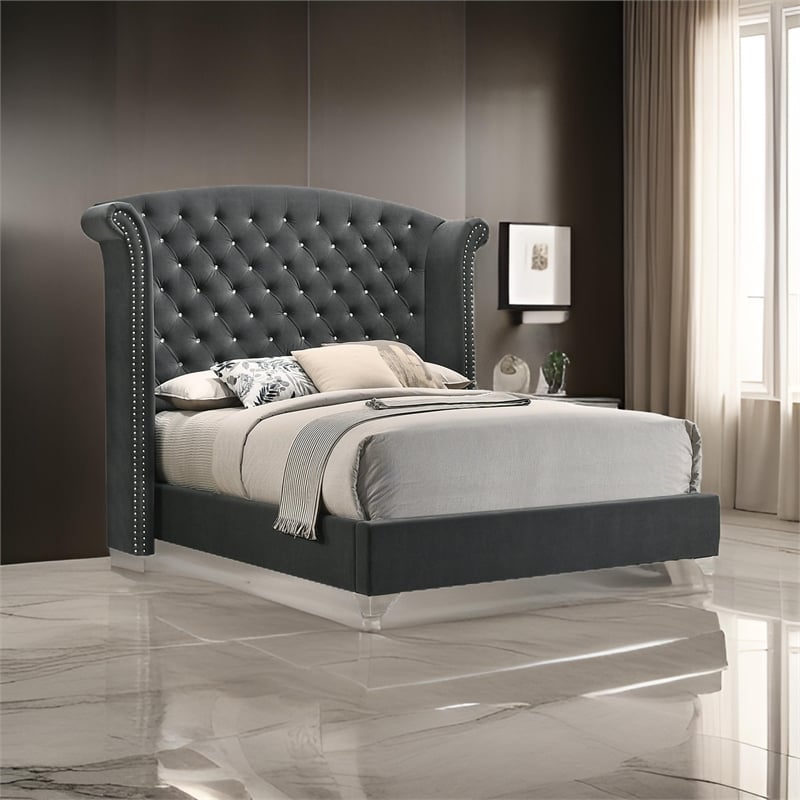 Pemberly Row Wingback King Bed with Tufted Headboard in Gray Velvet