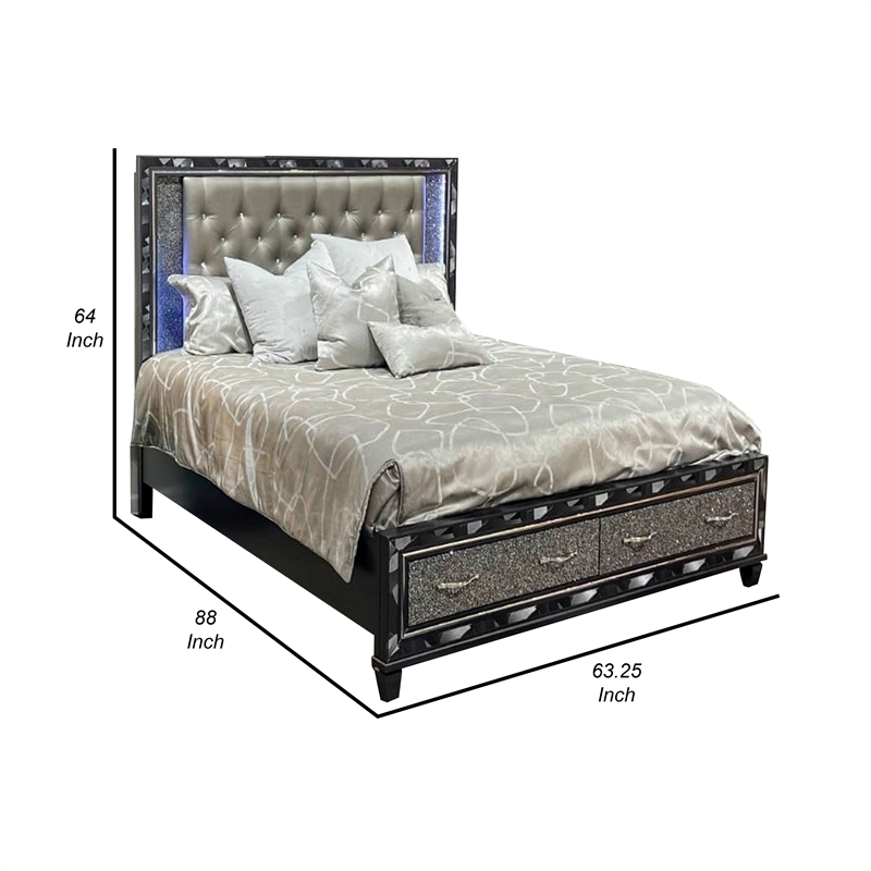 Pemberly Row Queen Storage Bed with LED Headboard and 2 Drawers in Black