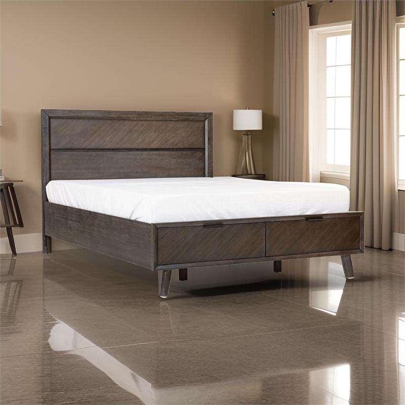 Pemberly Row Queen Platform Bed with 2 Storage Drawers in Brown