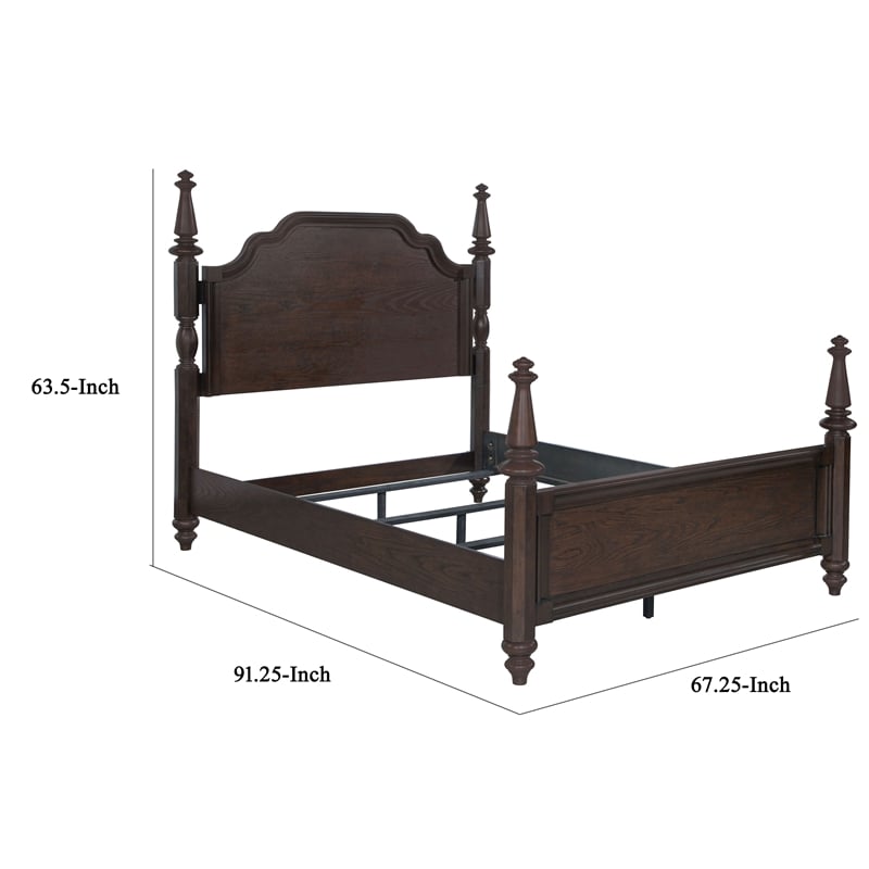 Pemberly Row Queen Poster Bed with Carved Headboard in Dark Oak Brown