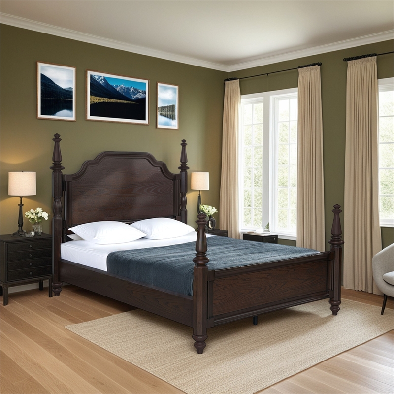 Pemberly Row Queen Poster Bed with Carved Headboard in Dark Oak Brown