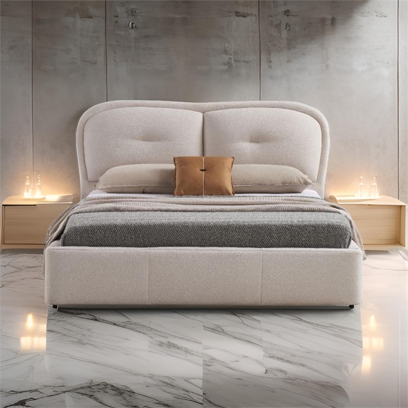 Pemberly Row Queen Bed with Padded Tufted Fabric Headboard in Ivory