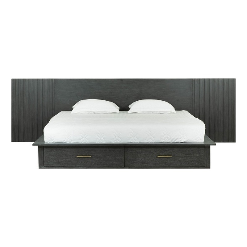 Pemberly Row Queen Bed with Wall Headboard and 2 Drawers in Dark Gray