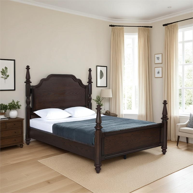 Pemberly Row King Poster Bed with Carved Headboard in Dark Oak Brown