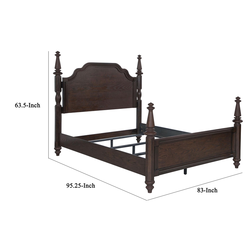Pemberly Row California King Poster Bed with Carved Headboard in Oak Brown