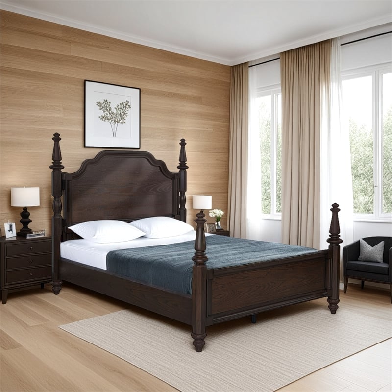 Pemberly Row California King Poster Bed with Carved Headboard in Oak Brown