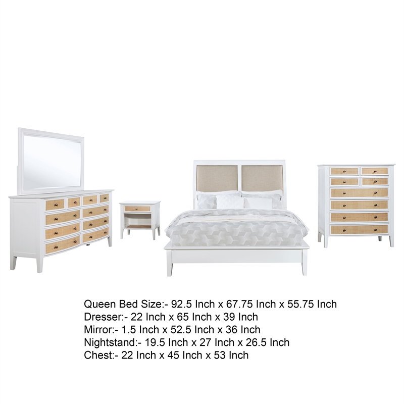 Pemberly Row 5 Piece Queen Bedroom Set with Rattan Drawers in White