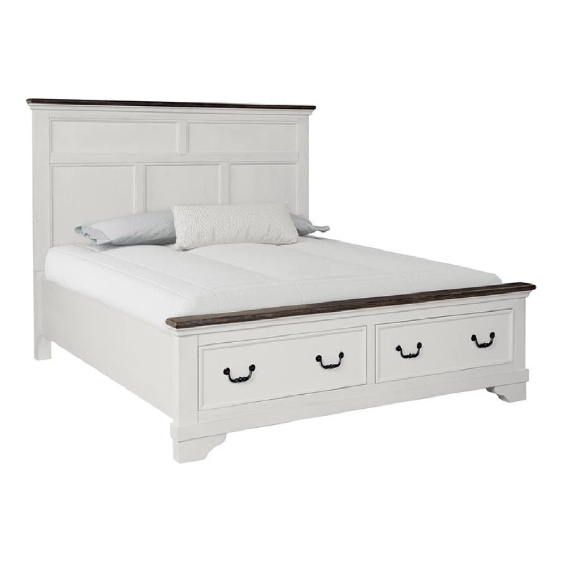 Pemberly Row King Bed with 2 Footboard Drawers in White and Dark Brown