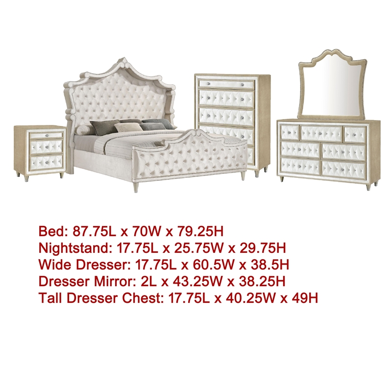 Pemberly Row 5 Piece Queen Bedroom Set with Velvet Headboard in Ivory