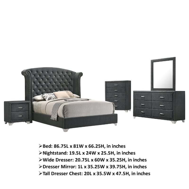 Pemberly Row 5pc Queen Bedroom Set with Tufted Dark Gray Velvet Upholstery