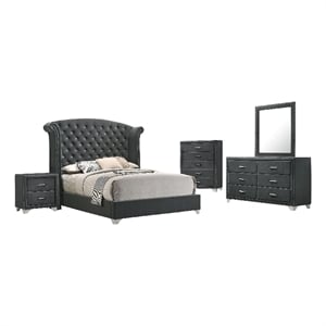 Pemberly Row 5pc Queen Bedroom Set with Tufted Dark Gray Velvet Upholstery