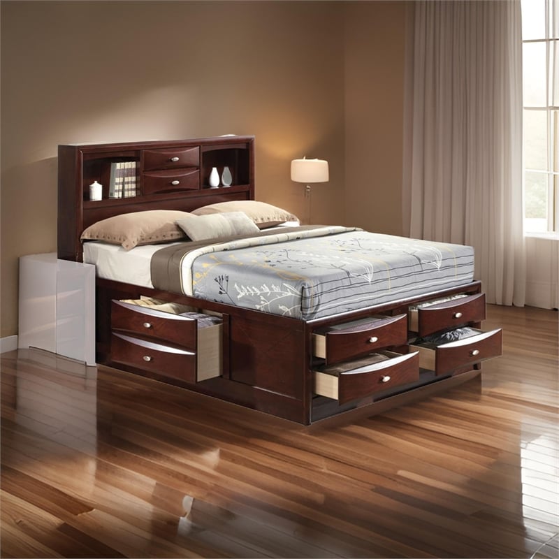 Pemberly Row Eastern King Bed with Bookcase and Drawers in Brown