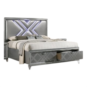 Pemberly Row Queen Size Bed with LED and Footboard Storage in Silver
