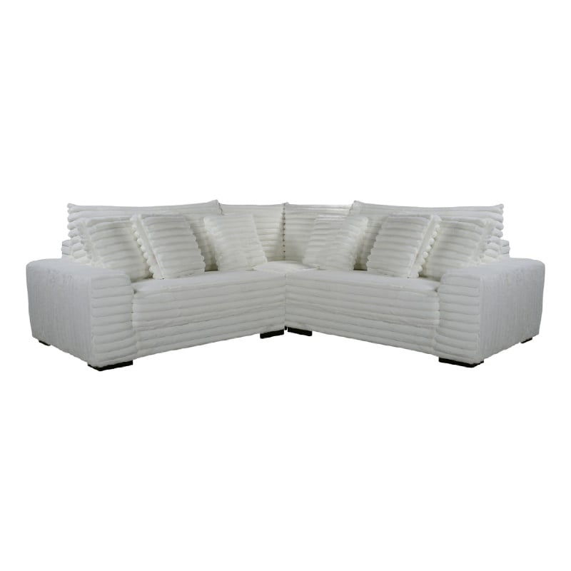 Pemberly Row 3pc Sectional Sofa with 6 Pillows in White Ribbed Polyester