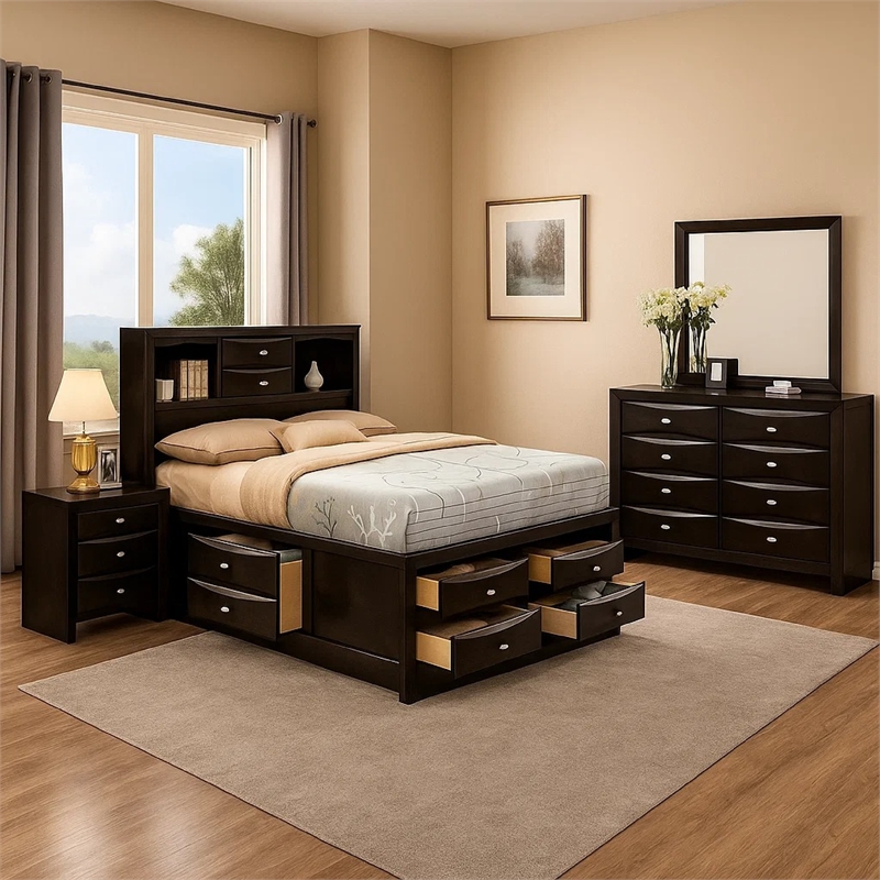 Pemberly Row 5pc Queen Set with Bookcase and 2 Nightstands in Black