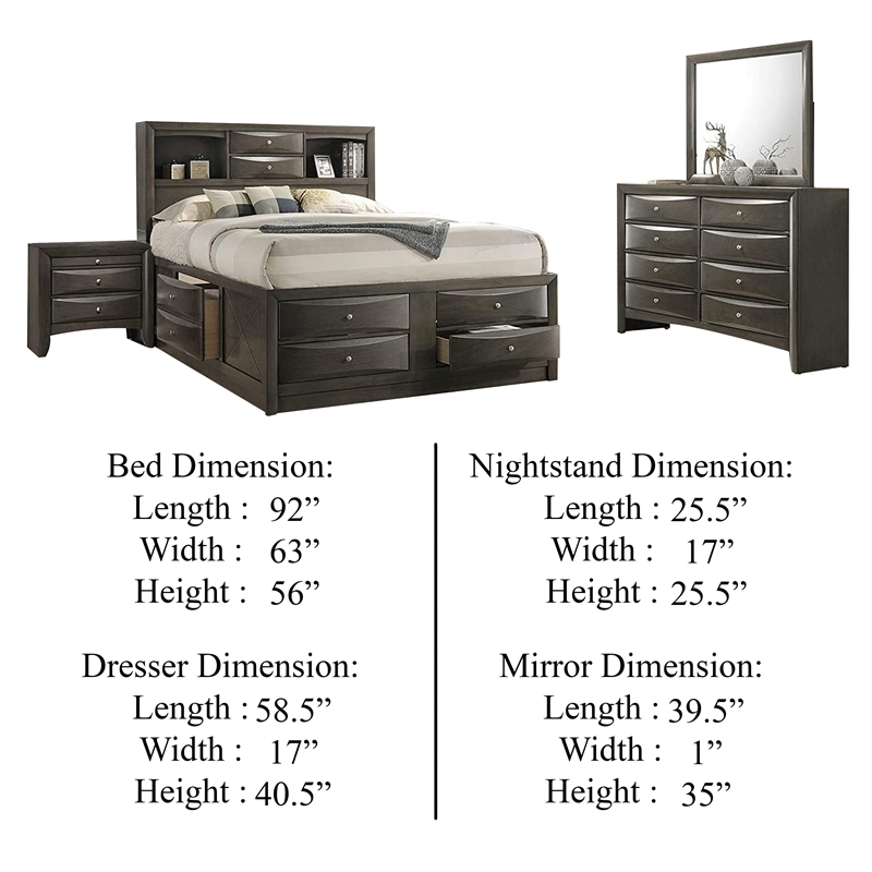 Pemberly Row 4pc Queen Set with Bookcase Headboard and Drawers in Gray