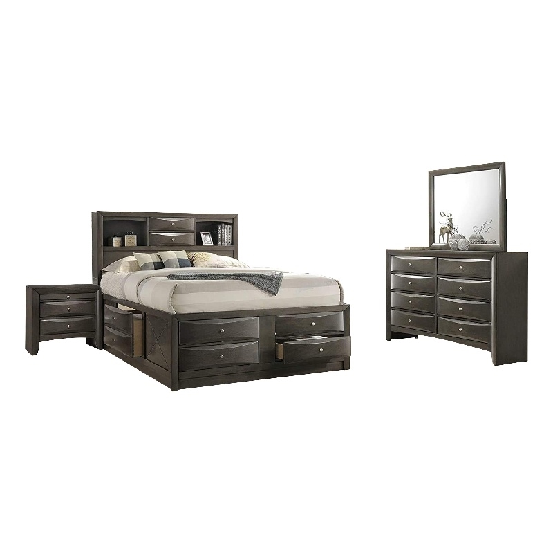 Pemberly Row 4pc Queen Set with Bookcase Headboard and Drawers in Gray
