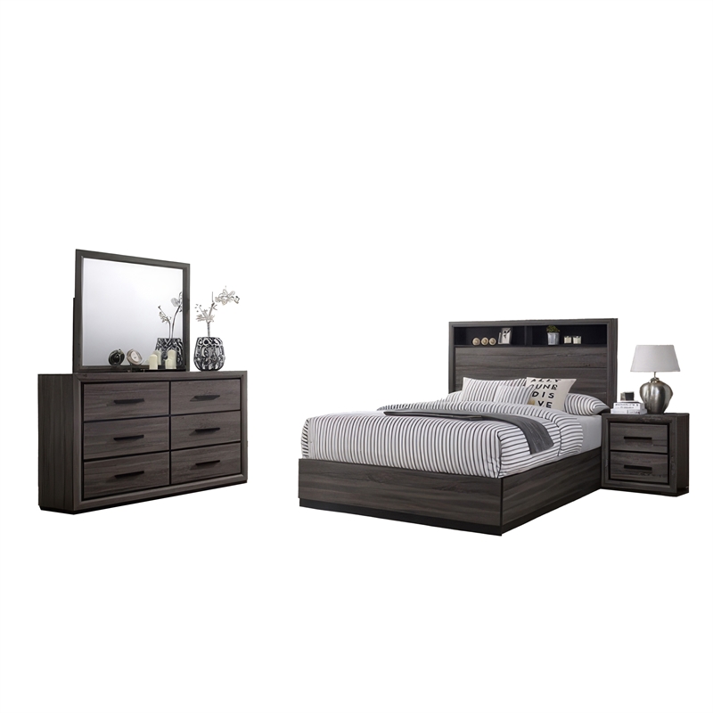Pemberly Row 4pc Queen Bedroom Set with Bookcase Headboard in Gray Wood
