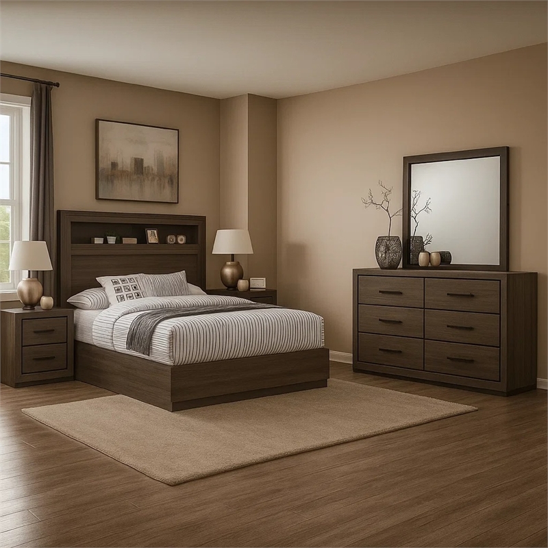 Pemberly Row 5pc Queen Set with Bookcase and 2 Nightstands in Gray