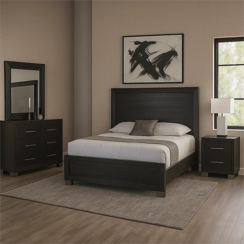 Pemberly Row 4pc Queen Set with LED Headboard and USB Ports in Black