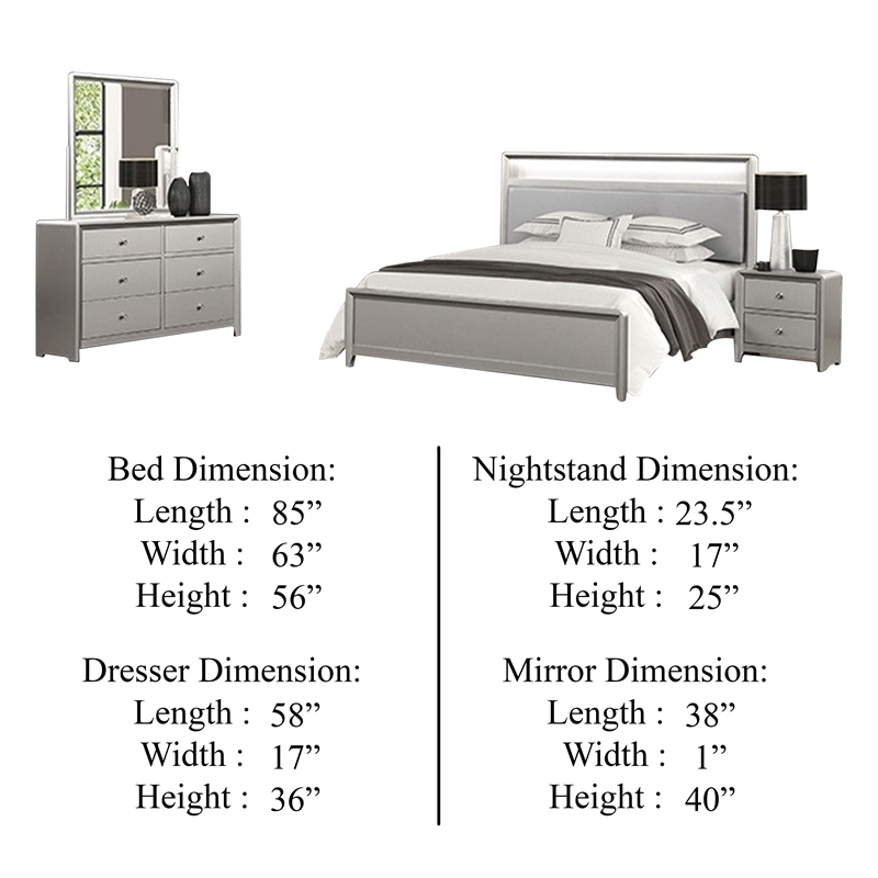 Pemberly Row 4pc Queen Set with LED Bookcase Headboard and Mirror in Silver