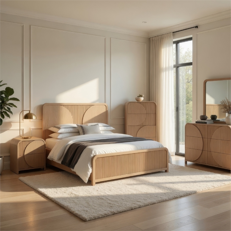 Pemberly Row 5pc Queen Set with Tall Chest and Reeded in Natural Brown