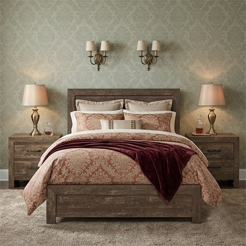 Pemberly Row 3pc California King Panel Bed Set with 2 Nightstands in Brown