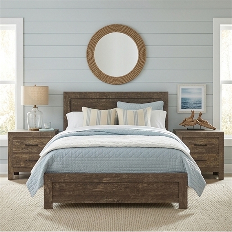 Pemberly Row 3pc California King Panel Bed Set with 2 Nightstands in Brown