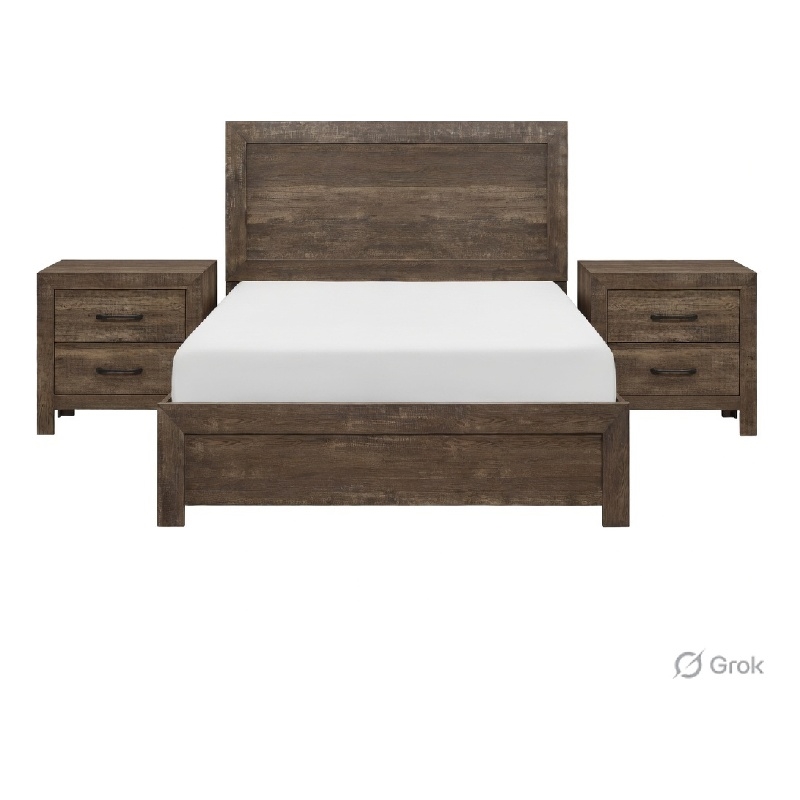 Pemberly Row 3pc Eastern King Panel Bed Set with 2 Nightstands in Brown