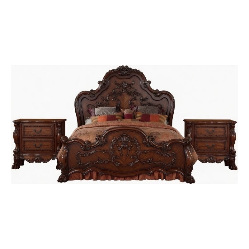 Pemberly Row 3 Piece Queen Bed Set with 2 Nightstands in Cherry Oak Brown