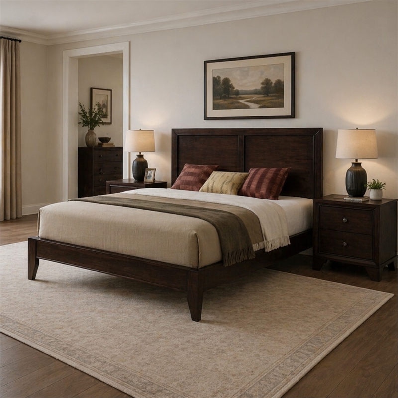 Pemberly Row 3 Piece Queen Bed Set with 2 Nightstands in Espresso Brown