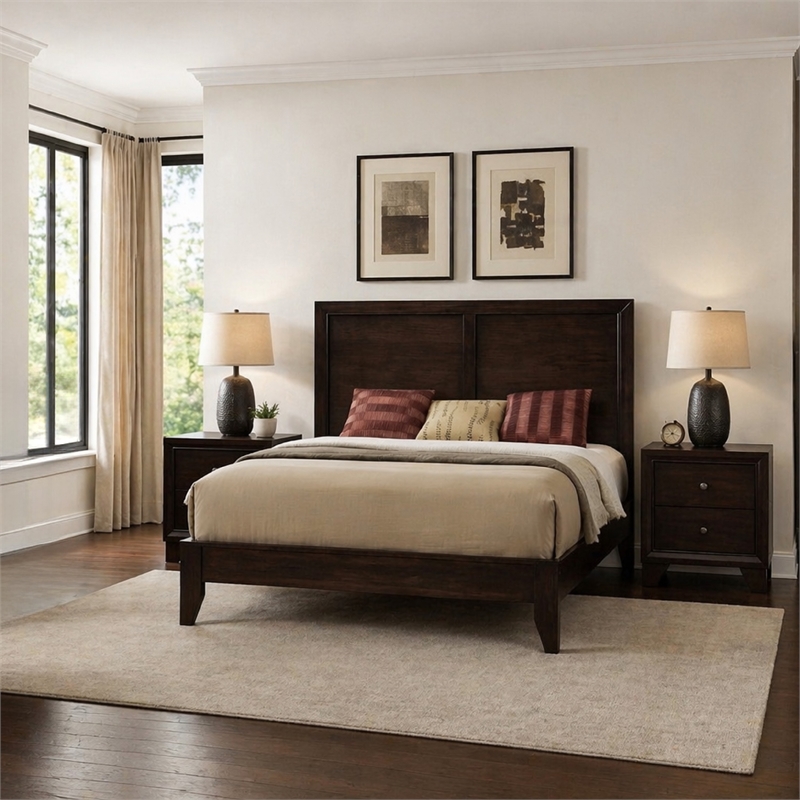 Pemberly Row 3 Piece Queen Bed Set with 2 Nightstands in Espresso Brown