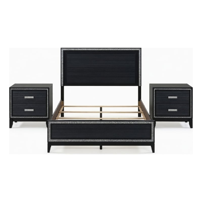 Pemberly Row 3 Piece Queen LED Bed Set with 2 Nightstands in Black