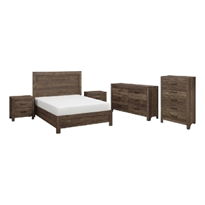 Pemberly Row 5 Piece Queen Panel Bed Set with Dresser and Chest in Brown
