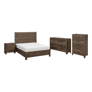 Pemberly Row 4 Piece Queen Panel Bed Set with Dresser and Chest in Brown