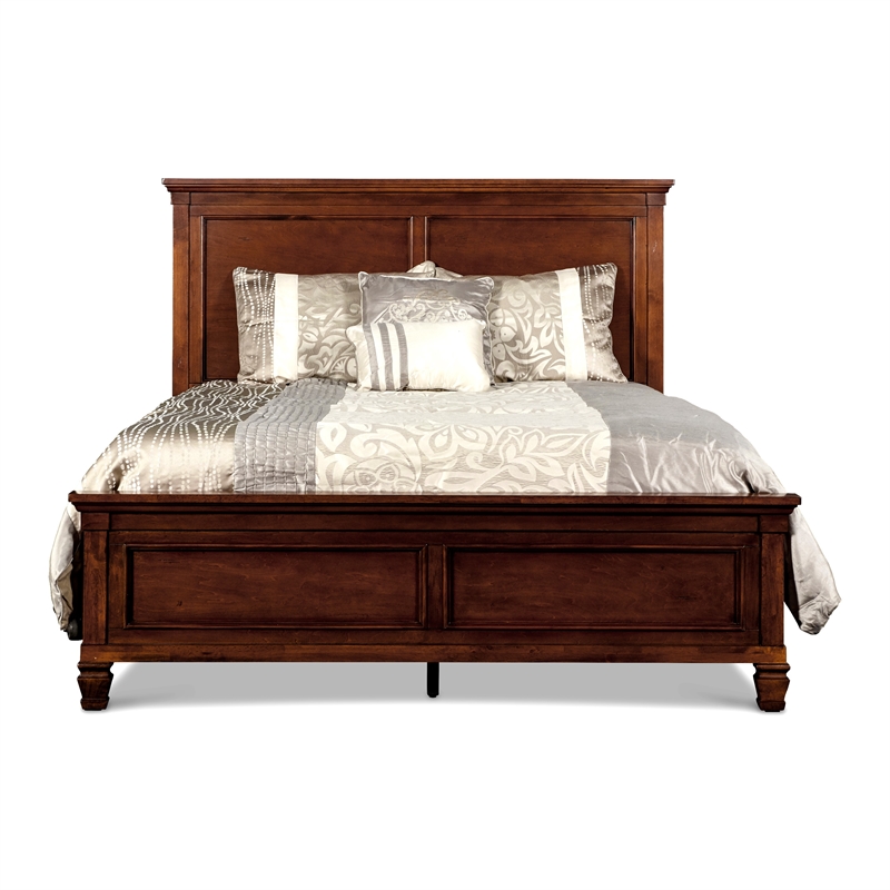Pemberly Row King Bed with Solid Wood Panel Headboard in Cherry Brown