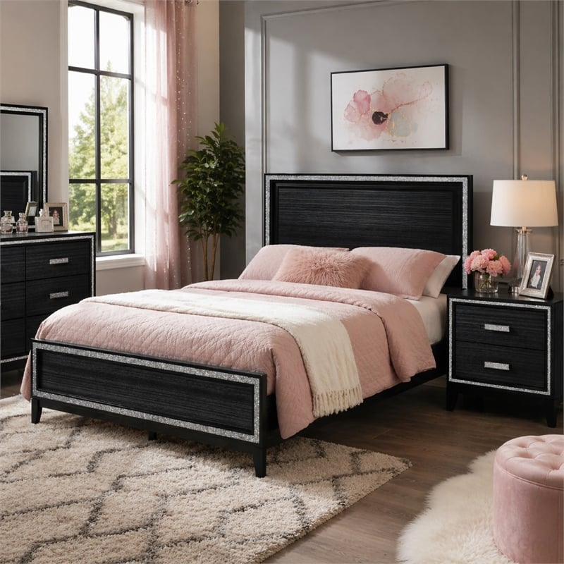 Pemberly Row 2 Piece Queen LED Bed Set with Nightstand in Black