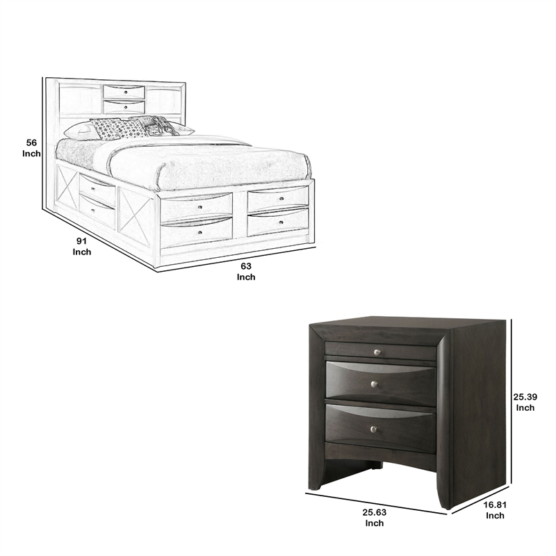 Pemberly Row 3pc Queen 8 Drawer Storage Bed Set with 2 Nightstands in Gray