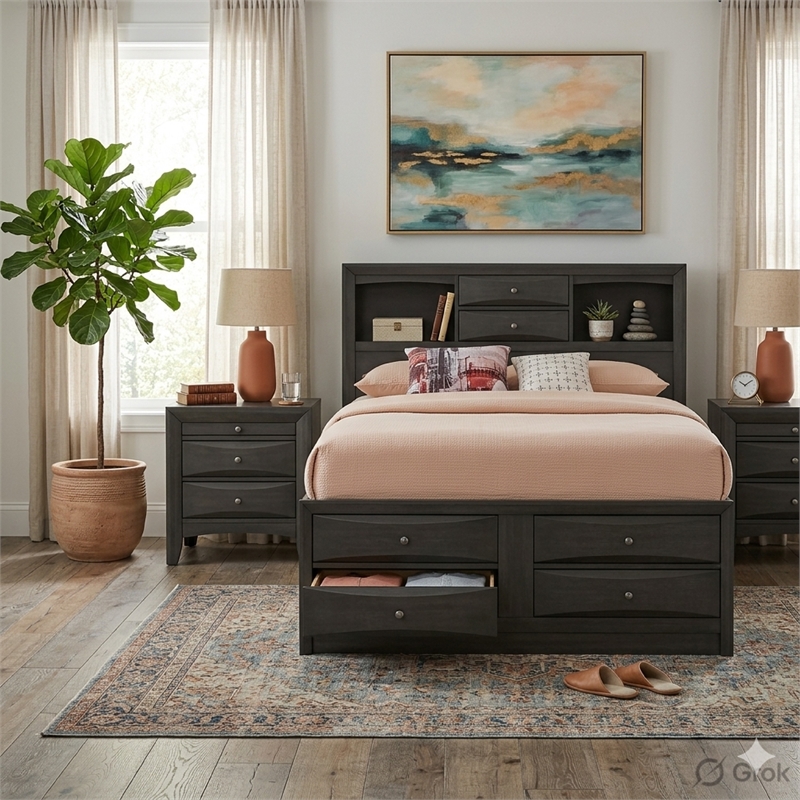 Pemberly Row 3pc Queen 8 Drawer Storage Bed Set with 2 Nightstands in Gray