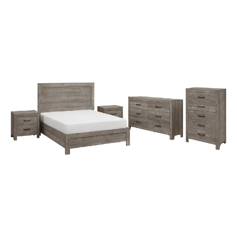 Pemberly Row 5 Piece Queen Panel Bed Set with Dresser and Chest in Gray